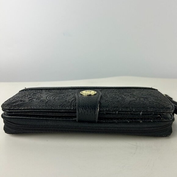 Stone Mountain Embossed Paisley Black Leather Wallet Wristlet Clutch 7-1/2" X 4" - Picture 2 of 12